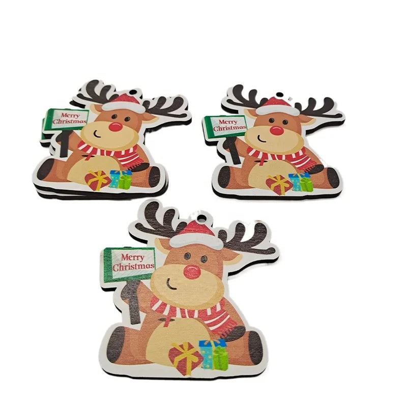 10Pcs Christmas Tree Ornament Wooden Christmas Pendant Ornament Santa Claus Snowman Elk Christmas Wooden Pendant Ornament
