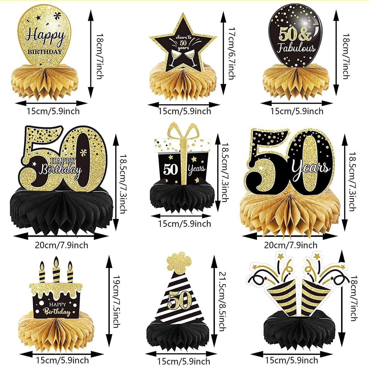 Birthday Party 2 Pieces 50st Honeycomb Center Piece 50st Black Gold Birthday Decoration 50th Honeycomb Men's and Women's Birthday Party Honeycomb