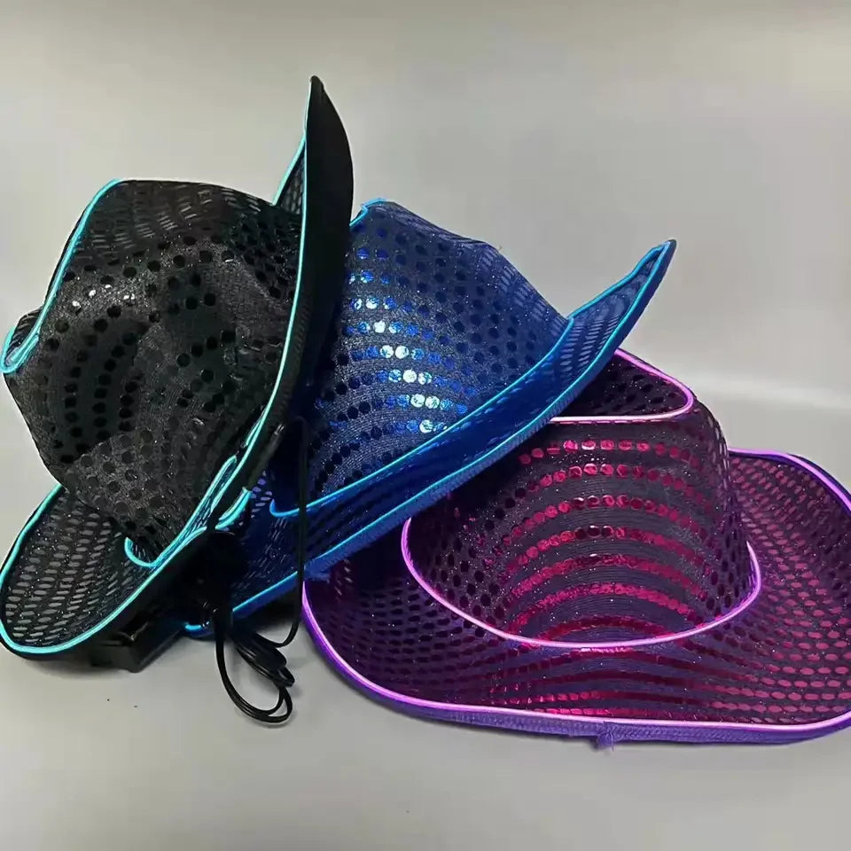 Halloween & Death Day Custom Flash Neon Light Emitting Diode Cowboy Hat Adult Cowboy Hat Halloween Christmas Sequins EDC Cosplay Costume Hat