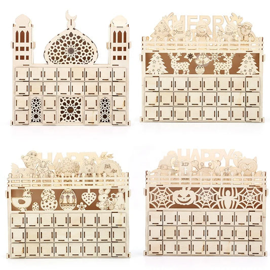Halloween & Day of the Dead DIY Creative Assembly Wooden Calendar Ramadan Christmas Easter Halloween 24 Countdown Desktop Ornaments Calendar Gift Box