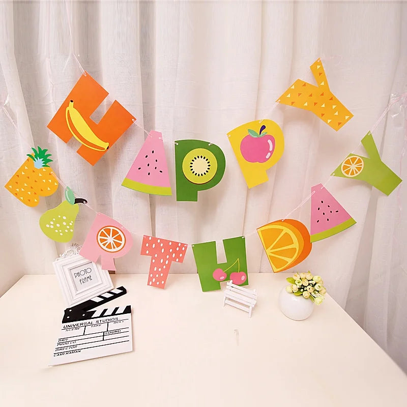 Birthday Party 2 Banner Baby Shower Fruit Flag Arrangement Decorative Paper Party Banner Celebration