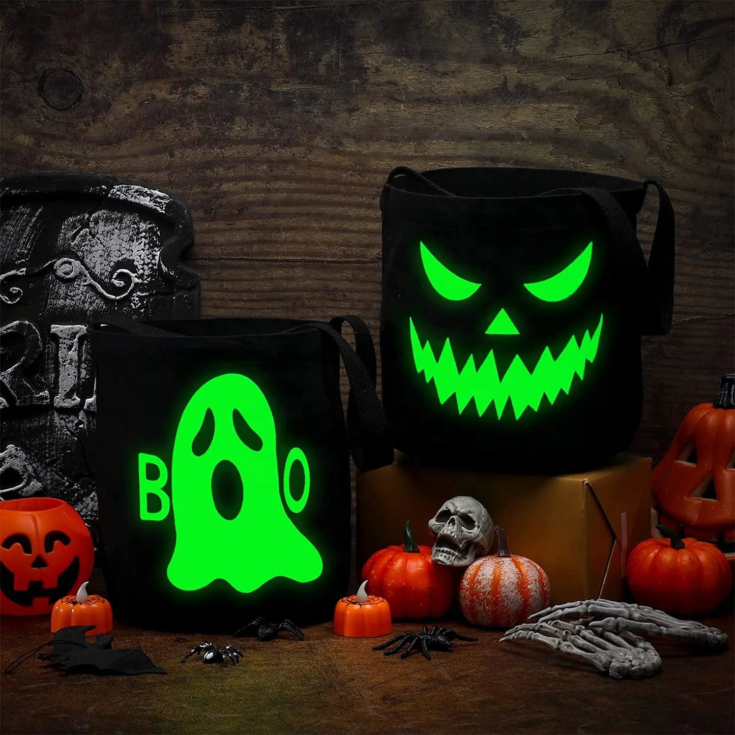 Halloween & Death Day Foldable Kids Fluorescent Party Basket Trick Gift Luminous Black Candy Tote Bag