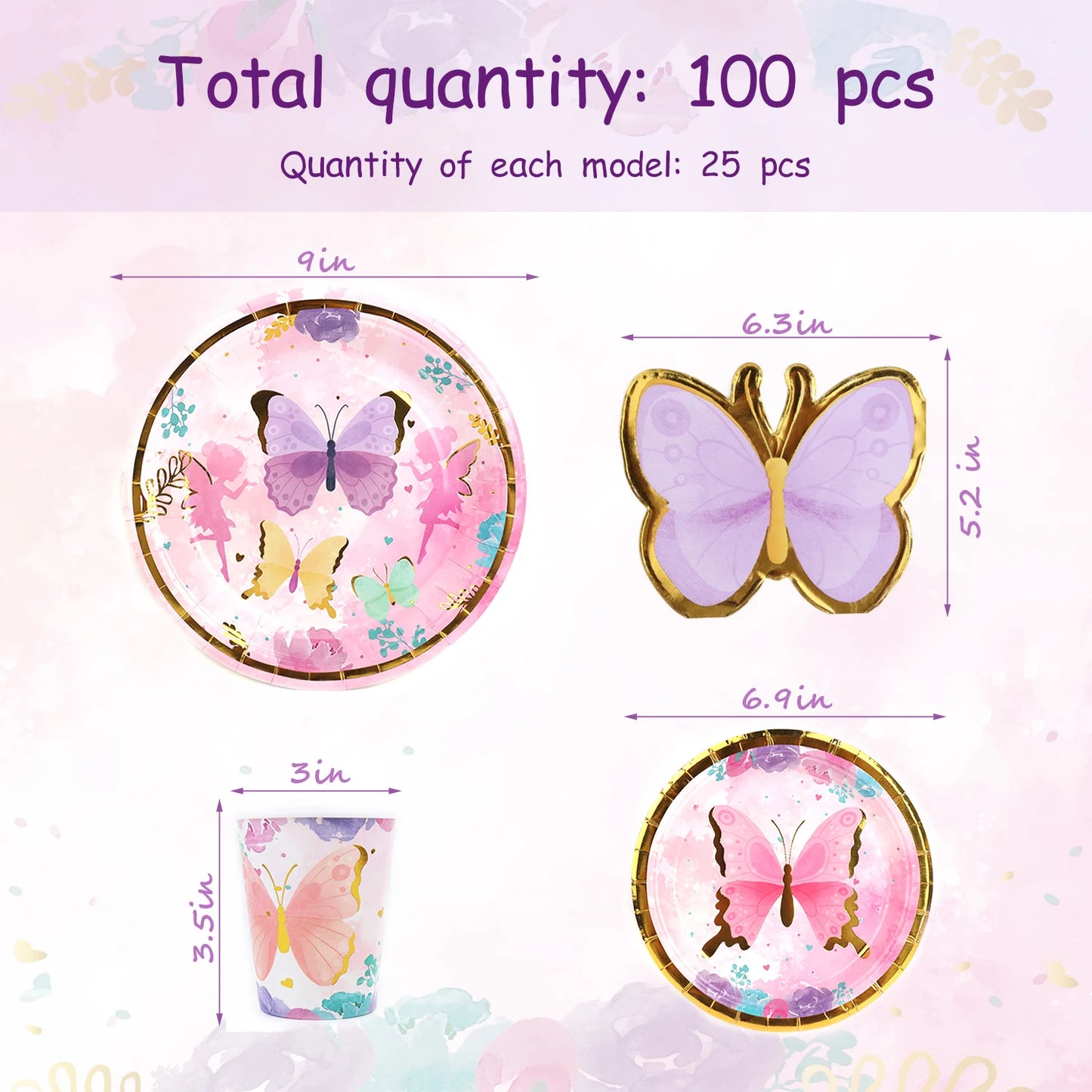 Festa de aniversário 2 convidados, prato de festa de aniversário, canecas, suprimentos descartáveis ​​para festa, prato de borboleta, fada, conjunto de talheres para crianças e despedida de solteira 