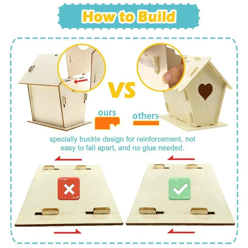 Wooden Crafts, Creative Wooden Bird House Toy Set Hand Painted Graffiti Bird's Nest Wooden Pendant DIY Assembly Children's Painted Bird's Nest