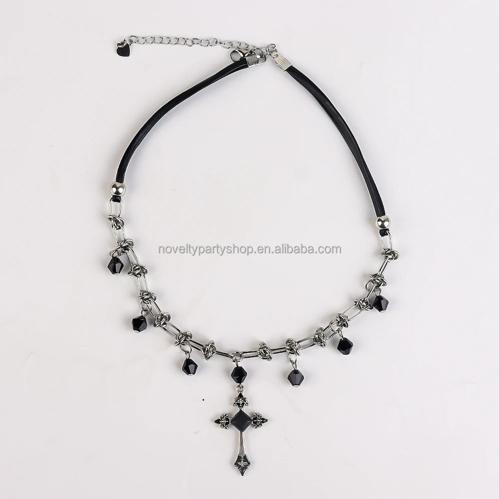 Halloween & Day of the Dead Gothic Cross Necklace Silver Pendant with Black or Red Glass Stone