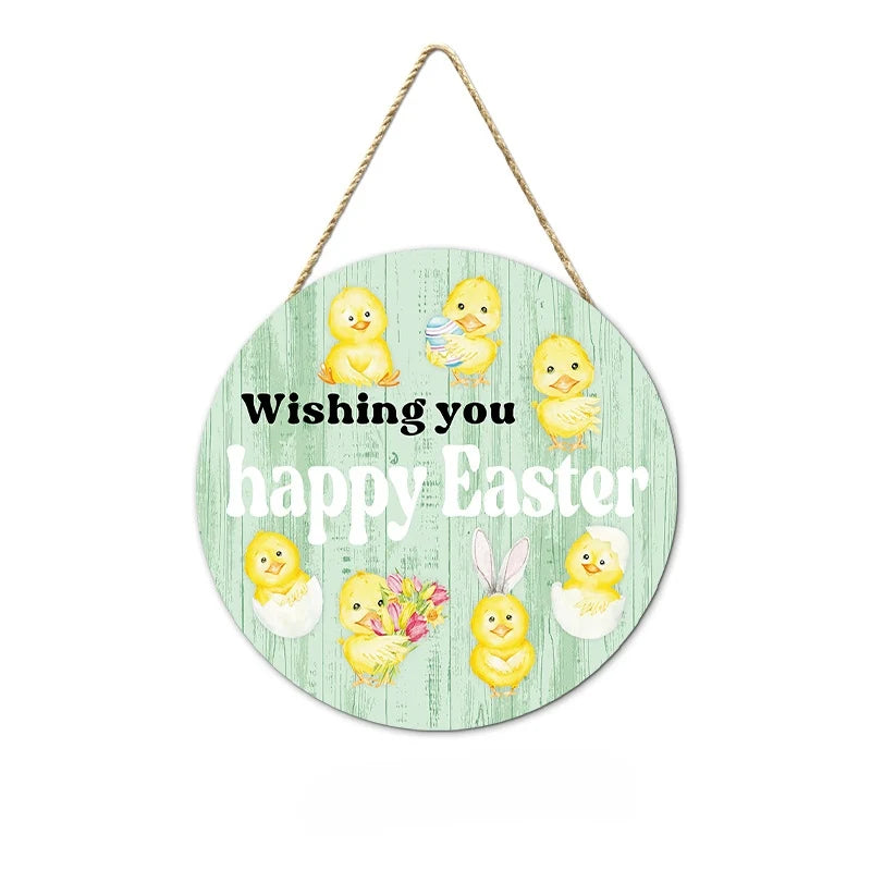 Easter and Thanksgiving 3 New Easter Round Booney Door Pendant Decoration Round Wooden Rabbit Egg Painting Home Crafts Hanging Signs Wall Decoration