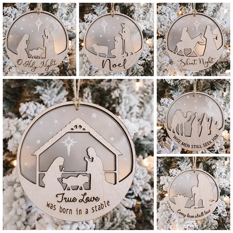 Wooden silent night Christmas tree decoration handmade 2 layer wise man Christmas scene Christmas pendant