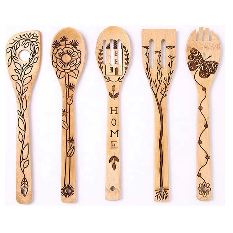 OEM 5pck Bamboo Utensil Set Pattern Burned Spoons Kitchen Slotted Spoon House Warming Presents Holiday Gift