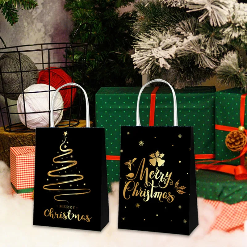 Black bronzing square bottom shopping bag Christmas themed party gift supplies Santa elk kraft paper gift bag