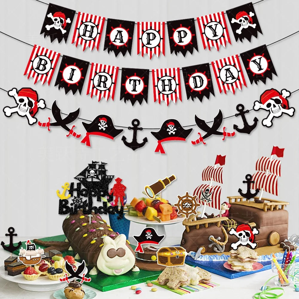 Halloween & Death Day, Party Decoration Pirate Birthday Decoration Set Paper Banner Pirate Spiral Hanging Cake Top Hat Decoration Party