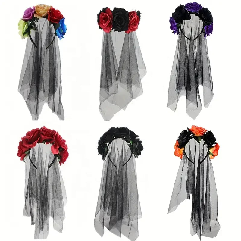 Halloween & Day of the Dead Day of the Dead Headband Dia de Los Muertos Halloween Bridal Veil Rose Crown Headgear Blood Halloween Headband