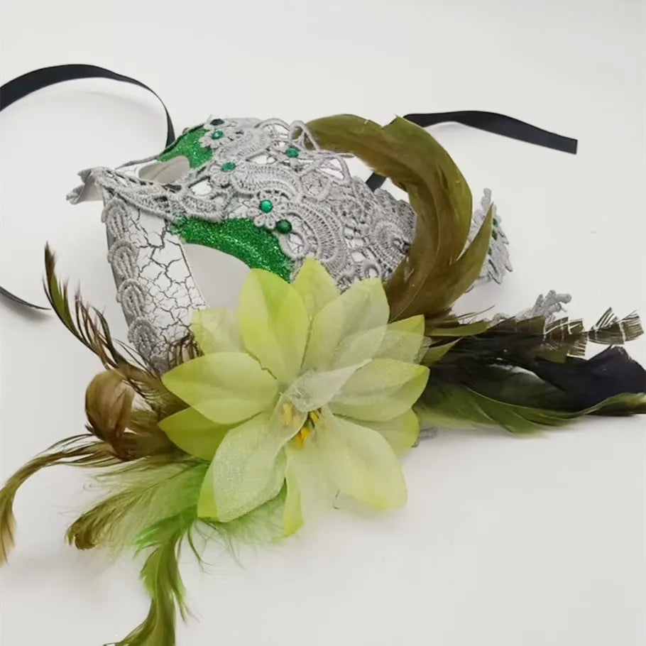 Carnaval Carnival lace mask with flowers and feathers on the side Masquerade mask, Carnival decoration Venice mask Party decoration