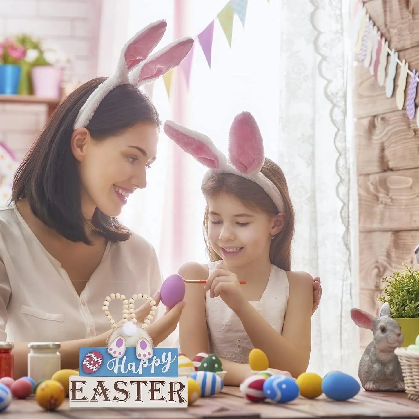 Easter and Thanksgiving 3 Decorations Home Country Spring Happy Easter Bunny Wood Signage Block Decorated with Layered Tray with Eggs and Wood Beads 