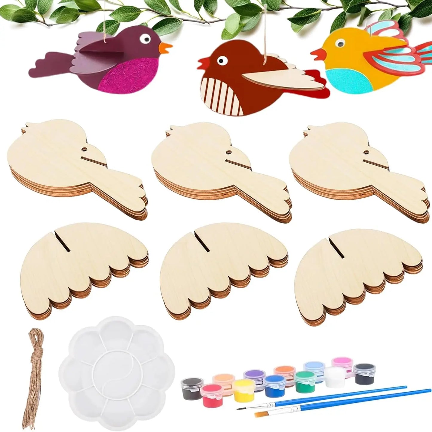 Unfinished 6-piece 3D wooden bird craft set bird wind chime craft set spring garden balcony
