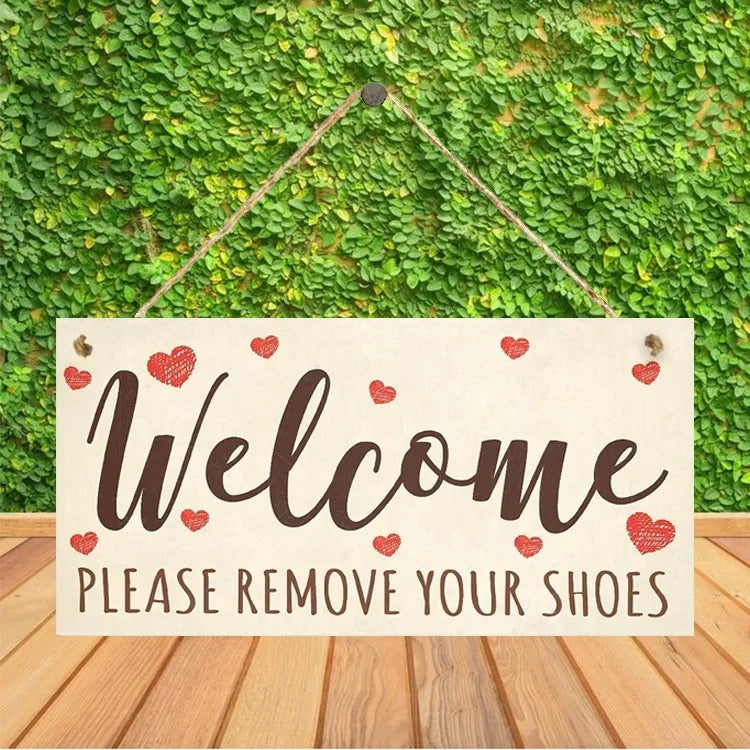 Wooden crafts, welcome please remove your shoes Solid wood plaque signage Rustic welcome sign