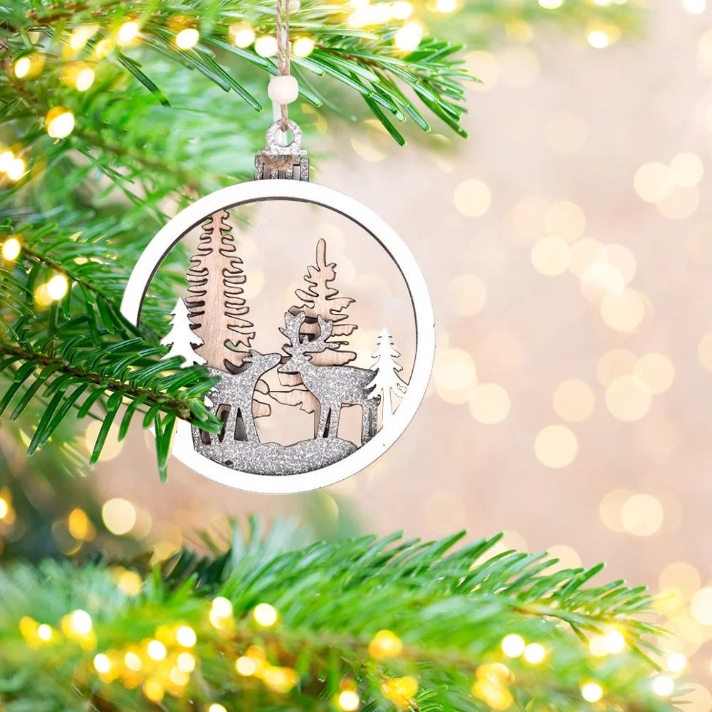 Laser 3D printing Christmas hollow round wooden pendant creative Christmas elk snowman Christmas tree wooden pendant