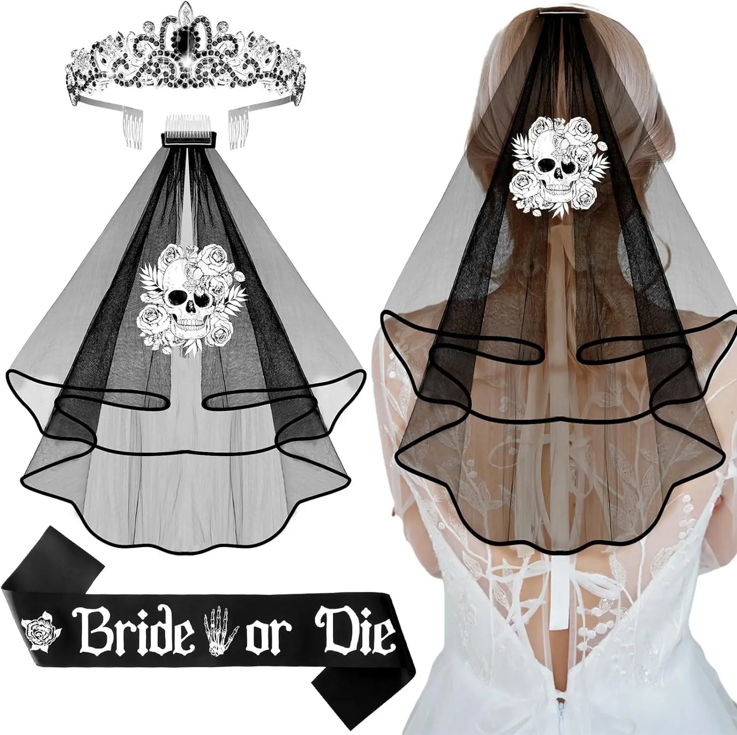 Bachelorette Party 1 Pafu 3pcs Black Bridal or Death Veil Belt Bachelorette Party Ornaments Gothic Rose Headband Bridal Shower Crystal Crown