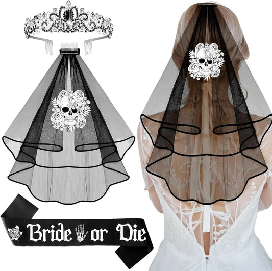Bachelorette Party 1 Pafu 3pcs Black Bridal or Death Veil Belt Bachelorette Party Ornaments Gothic Rose Headband Bridal Shower Crystal Crown
