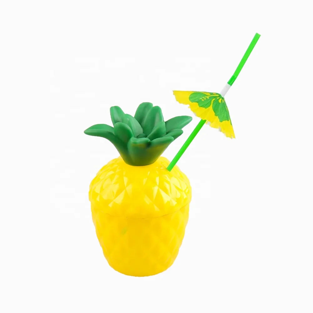 Plastic Hawaill Party Cup Fun Drink Cup Hawaiian Summer Beach Party Pineapple Cup with Umbrella Straw