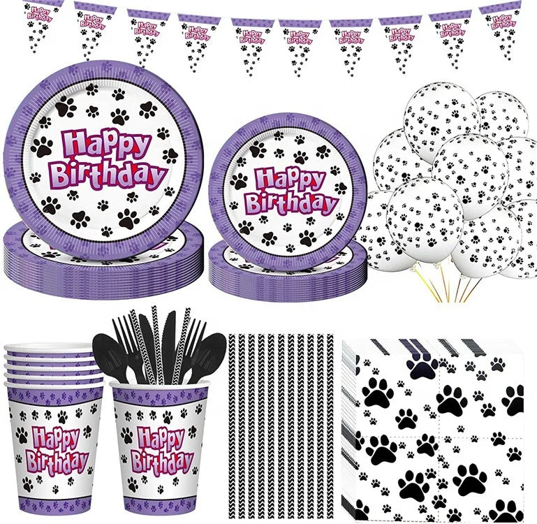 Birthday Party 2 Pet Birthday Theme Party Decoration Dog Paw Tableware Paper Plate Cup Napkin Banner Set Party Supplies Severs 10 Guests