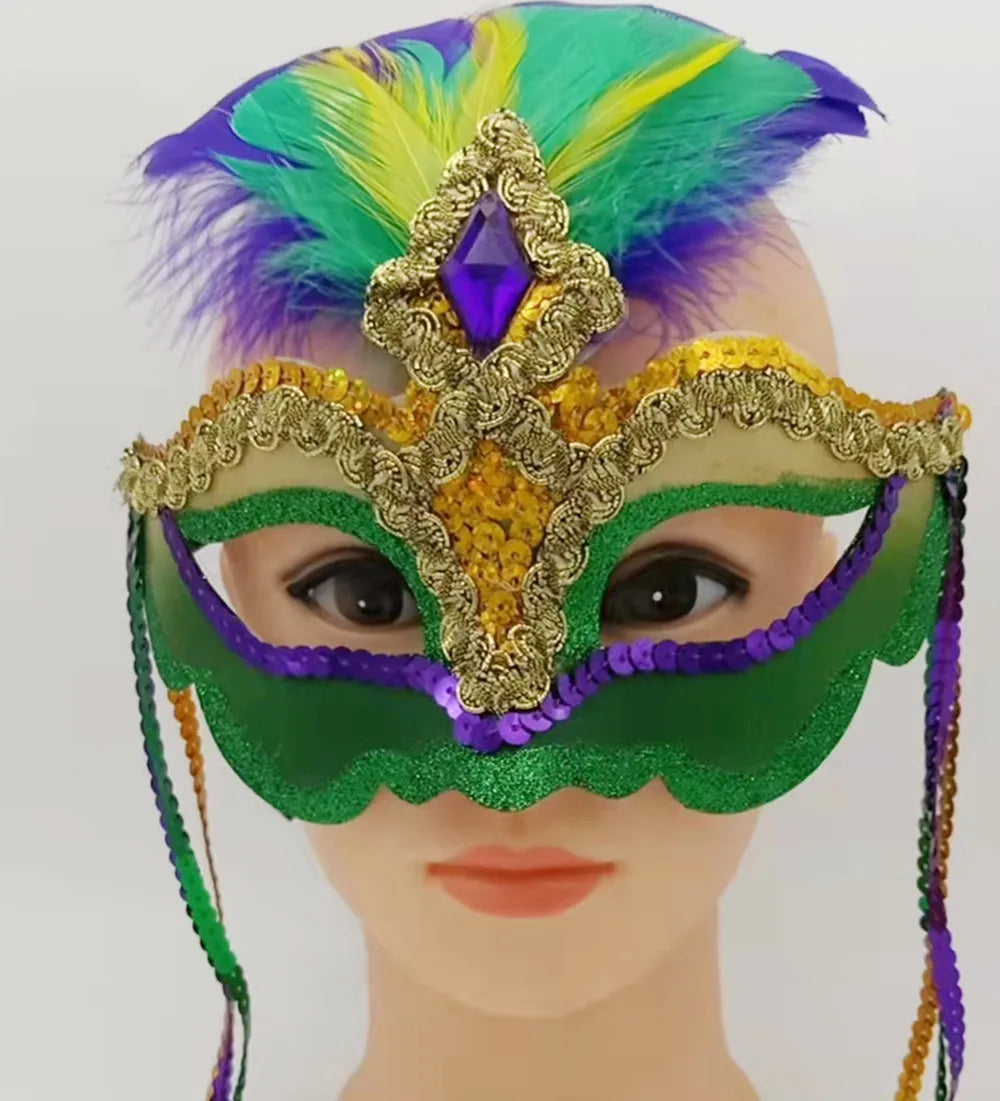 Carnaval Hot Sale Feather Painting Dusting Gold Green Purple Fringed Mask Carnival Party Carnival Mask