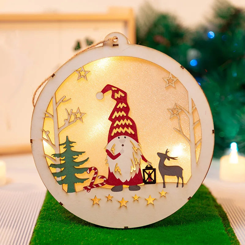 Christmas Decoration Round Lighting Old Man Snowman Elk Light Emitting Diode Wooden Christmas Tree Pendant