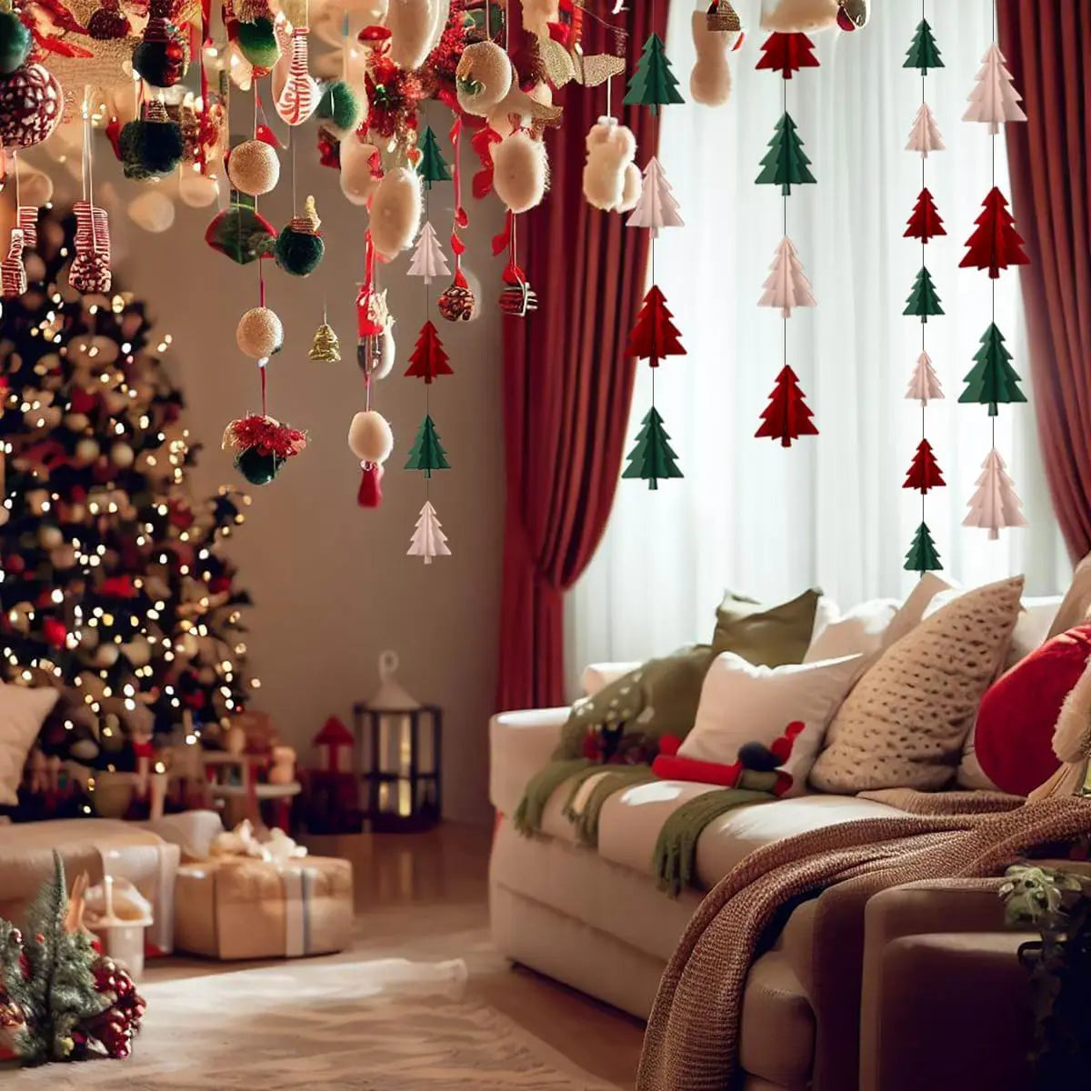 Fita de papel para árvore verde 3D de 2,5M, 10 peças, decoração de guirlanda de floresta de Natal, suprimentos para festa, pendurado, fundo de banner de árvore de Natal 