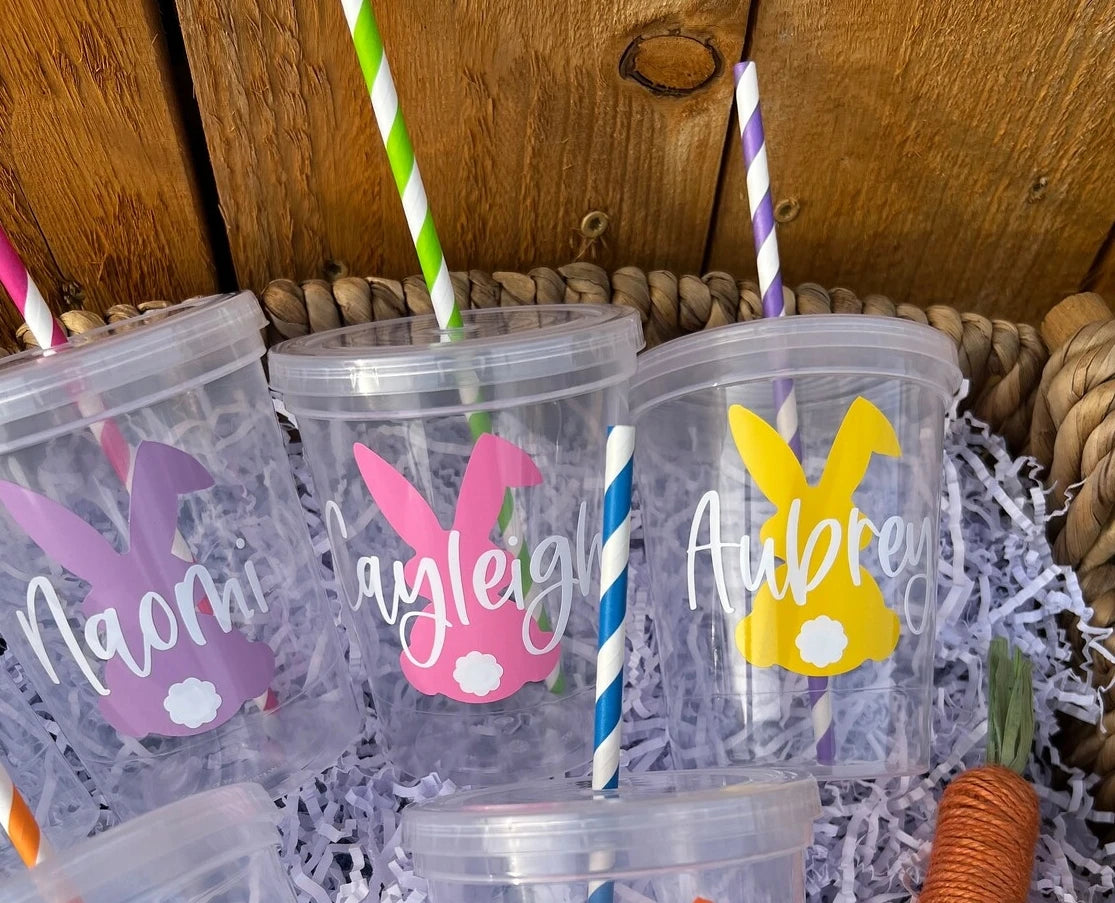Easter and Thanksgiving 3 Bunny Party Cup Set Disposable Lid Straw Set Easter Party Favorite Children's Gifts Cute Bunny Tumbler with Lid and Straw