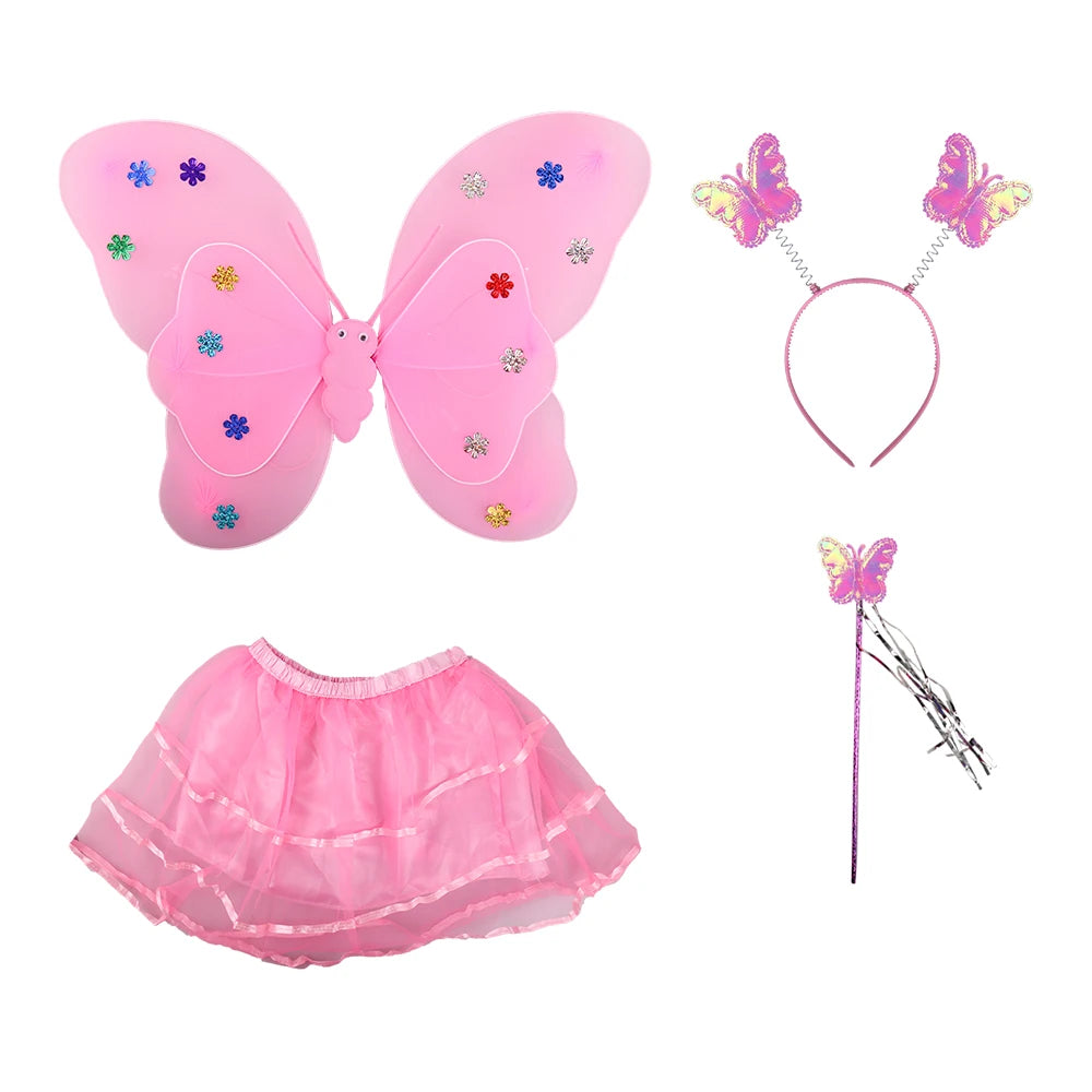 Birthday Kids Fairy Girls Sequin LED butterfly Wing Wand Belly Dress 4pcs/set  Party Supplies fairy Cosplay Suit