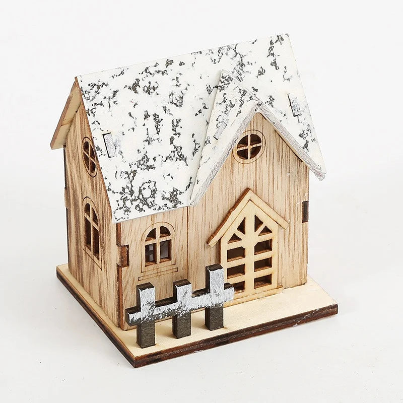 Christmas Wooden Hollow Snow Emitting House Holiday Home Decoration Christmas Wooden Light Emitting Diode Lighting Cabin Table Ornament