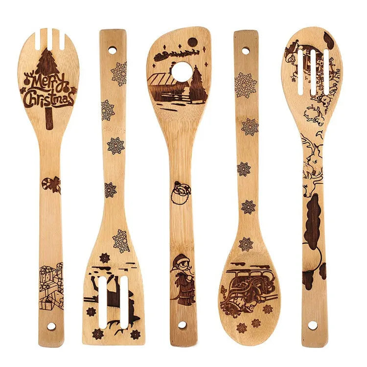 OEM 5pck Bamboo Utensil Set Pattern Burned Spoons Kitchen Slotted Spoon House Warming Presents Holiday Gift