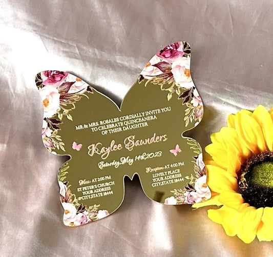 1 Wedding party, custom acrylic birthday invitation mirror acrylic bar mitzvah invitation butterfly shape rose acrylic wedding invitation