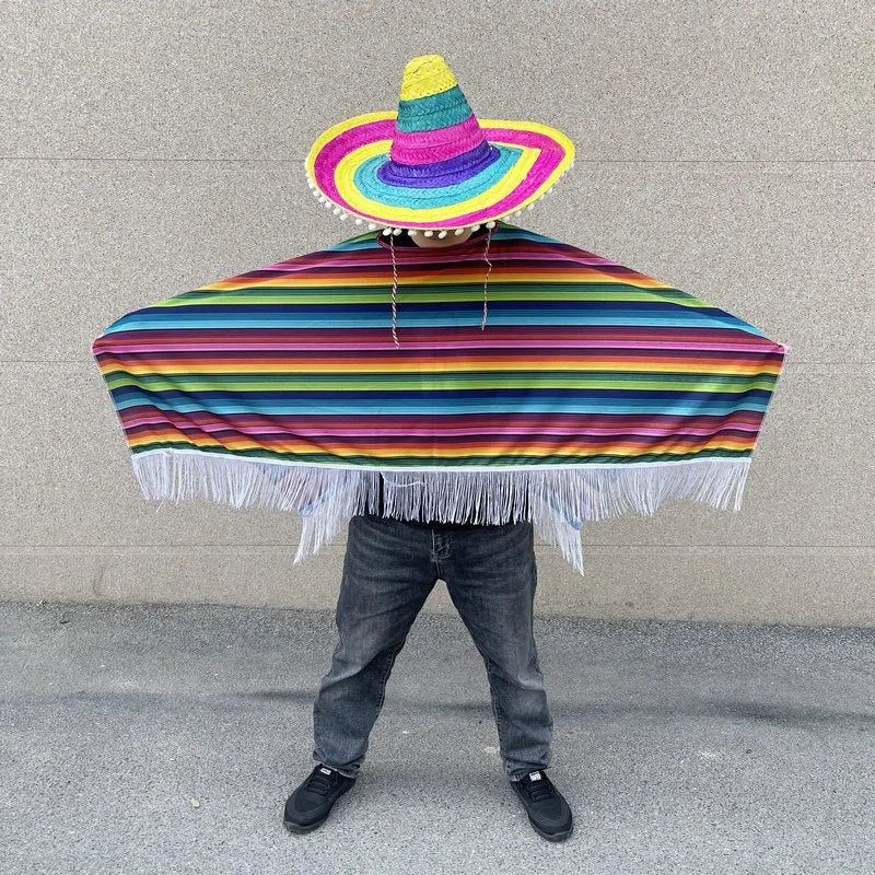 Mexican Party Dress Adult Wear Rainbow Striped Poncho Hat Cosplay Halloween Costume with Serape Cape Mexican Ornaments