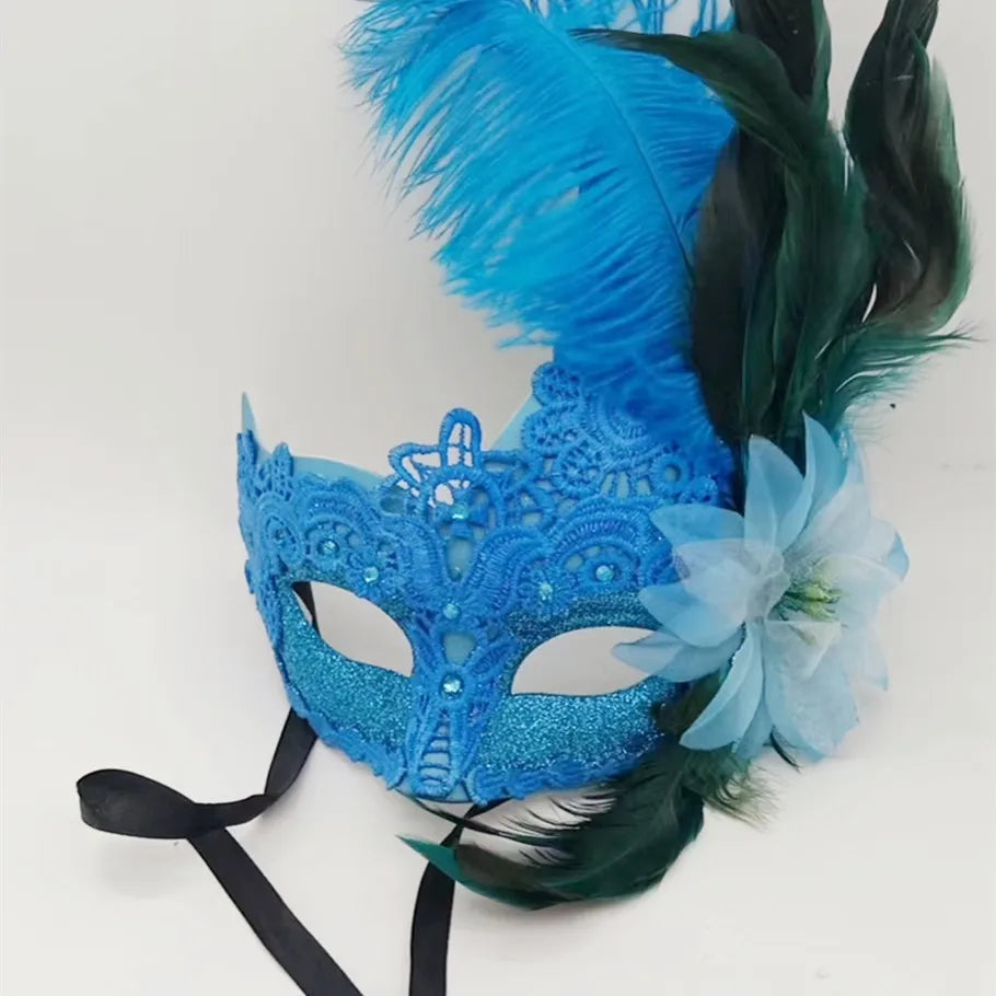 Carnaval Carnival lace mask with flowers and feathers on the side Masquerade mask, Carnival decoration Venice mask Party decoration