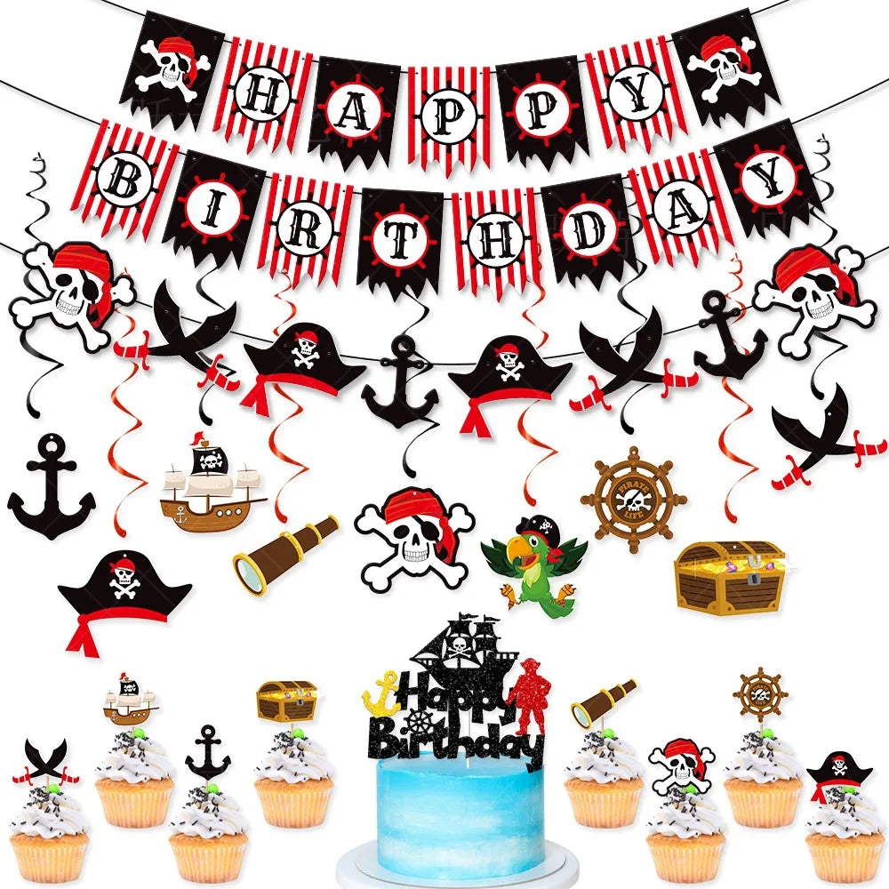 Halloween & Death Day, Party Decoration Pirate Birthday Decoration Set Paper Banner Pirate Spiral Hanging Cake Top Hat Decoration Party