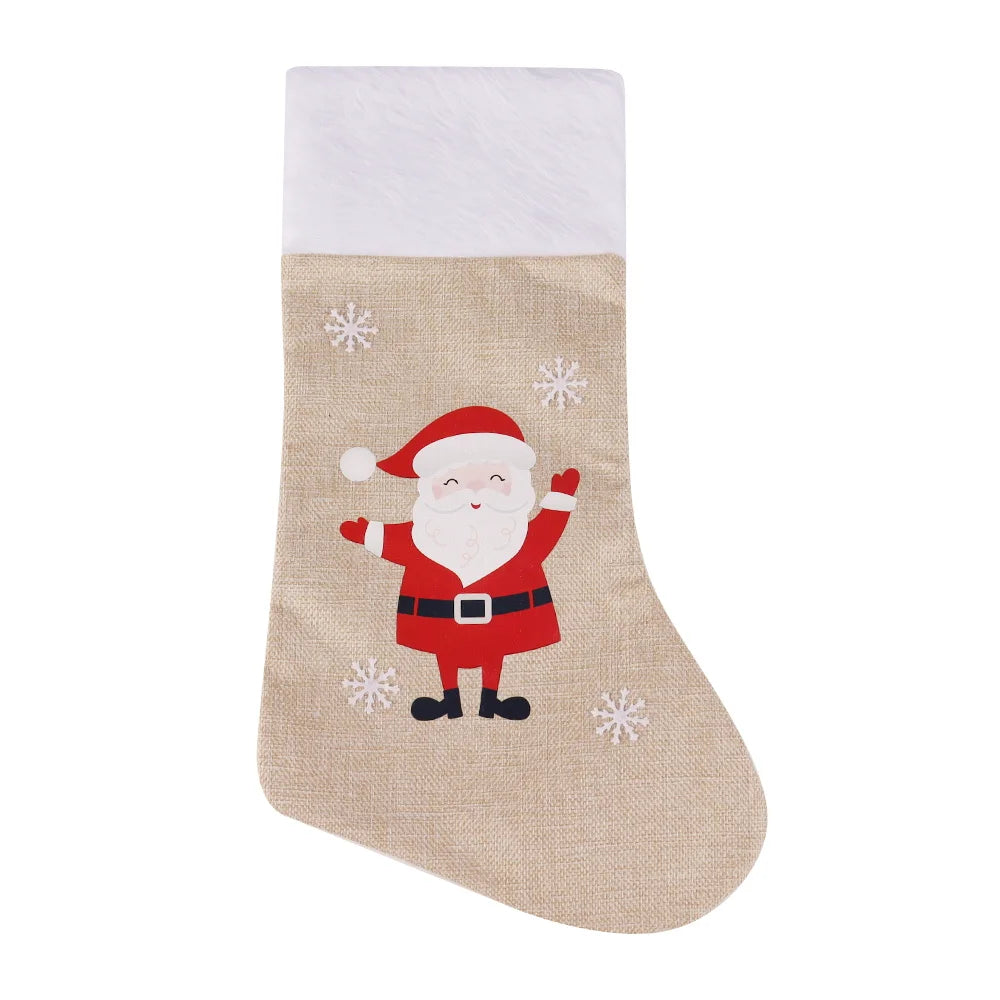 BSCI canvas faux burlap keep christmas new year fireplace decoration gifts christmas white plush snowflake santa socks
