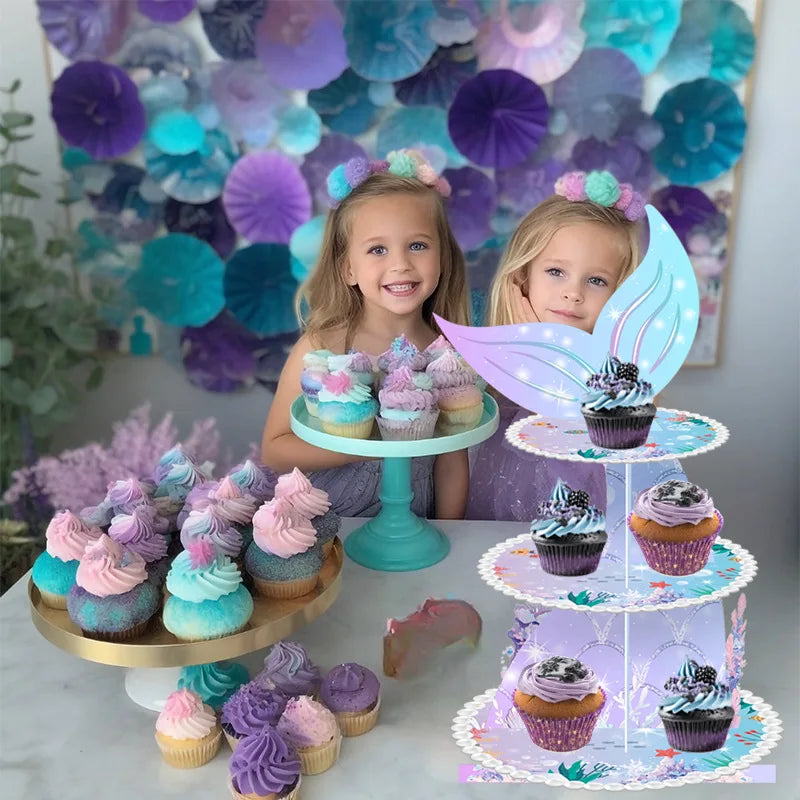 Birthday Party 2Mermaid Themed Layer Cartoon Cake Stand Birthday Party Supplies Disposable Three Layer Cake Stand