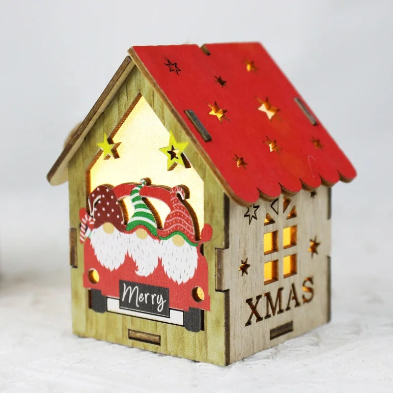 Christmas Tree Ornament Light Emitting Diode Yeti Colorful House with Candle Light Christmas Light Emitting Diode Wooden Gnome Doll Pendant 