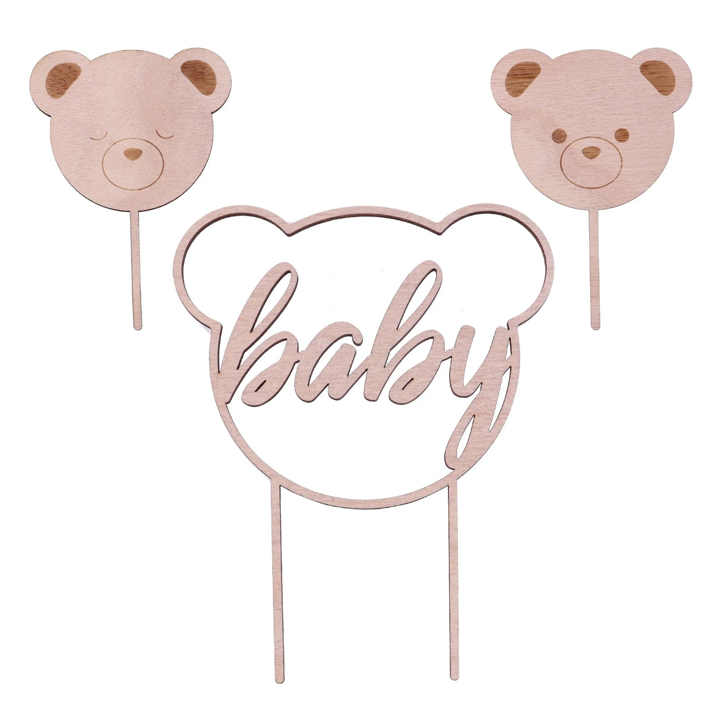 Birthday Party Custom Plywood Cake Decoration Baby Shower 7 Piece Set Bear Theme Party Decoration Natural Materials Inkless Birthday Cupcake Top Hat