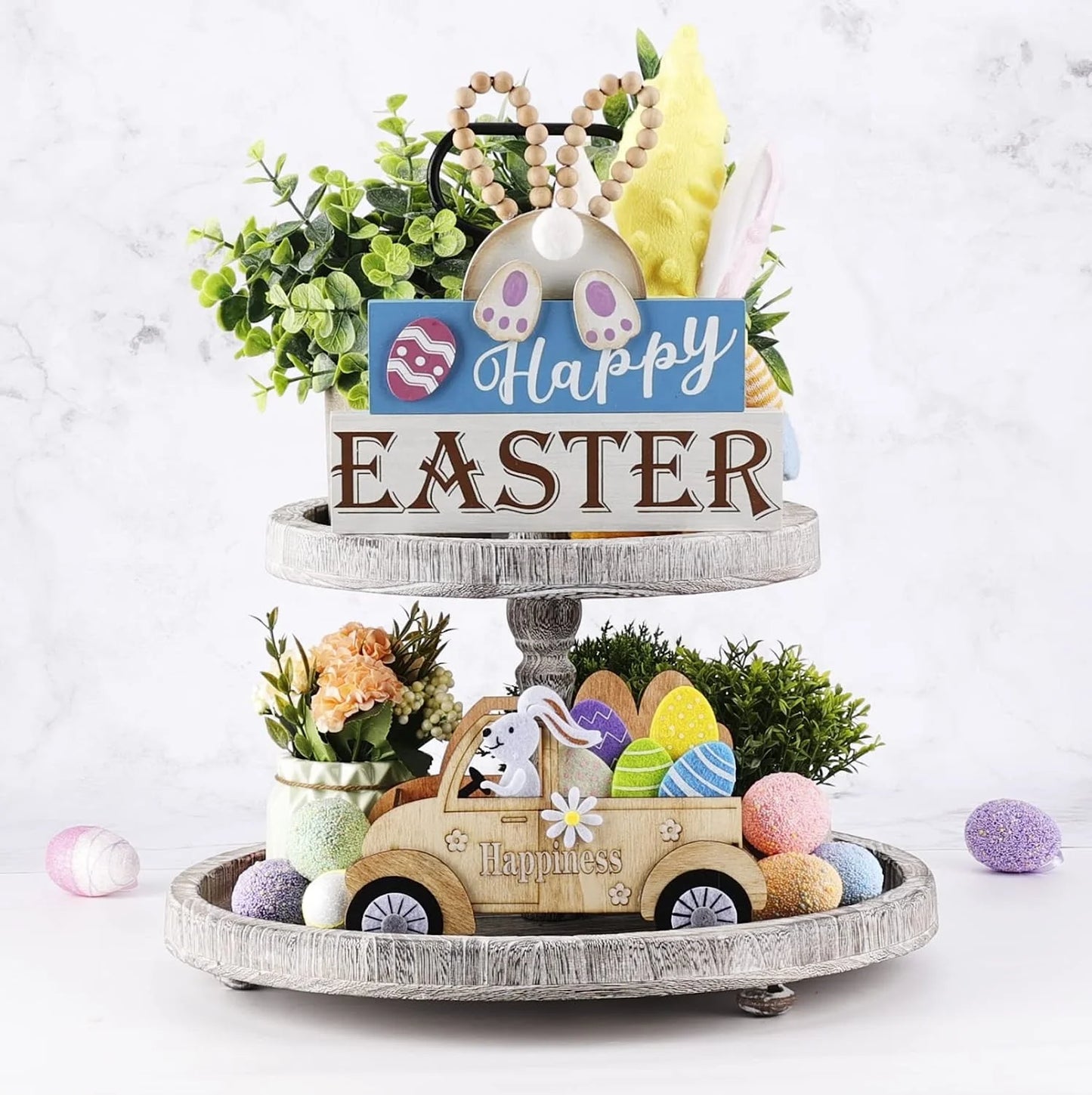 Easter and Thanksgiving 3 Decorations Home Country Spring Happy Easter Bunny Wood Signage Block Decorated with Layered Tray with Eggs and Wood Beads 