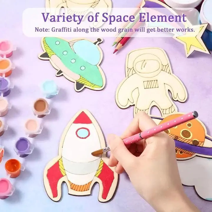 Birthday Party 2 pcs Unfinished Wooden Cut Wooden Paint Crafts Outer Space Party Gift Supplies Space Birthday Party Gift Bag Accessories