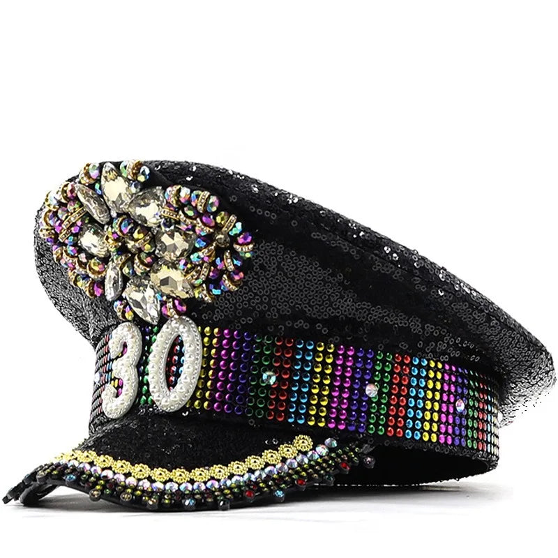 Birthday Party Custom Design Birthday Luxury Hat Captain Rhinestone Hat No. 30 Pearlescent Party Hat