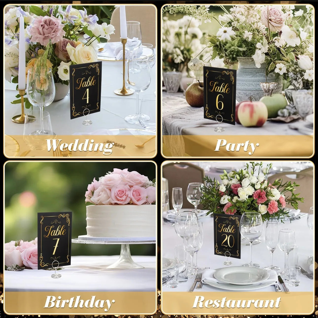 1 Wedding party, double hot stamping location card + bracket bracket, wedding anniversary birthday restaurant, black and gold table number card.