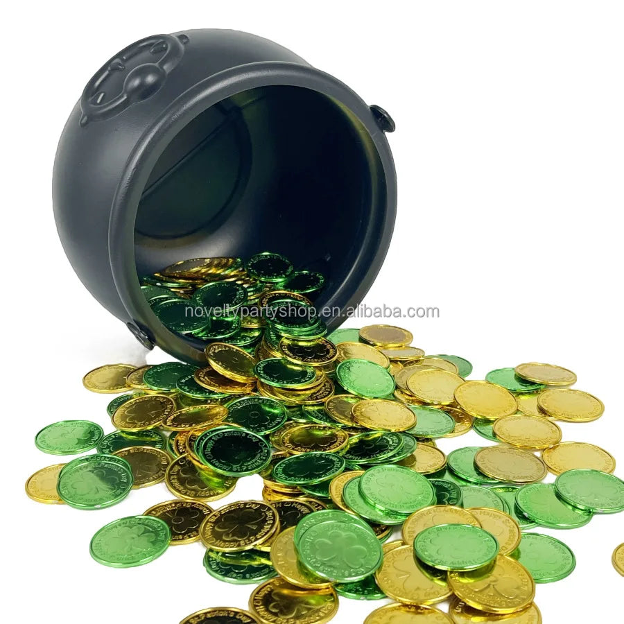 Halloween & Death Day Novelty Mini St. Patrick's Day Plastic Gold Green Lucky Coin 3 Leaf Clover Coin Clover Goblin Coin