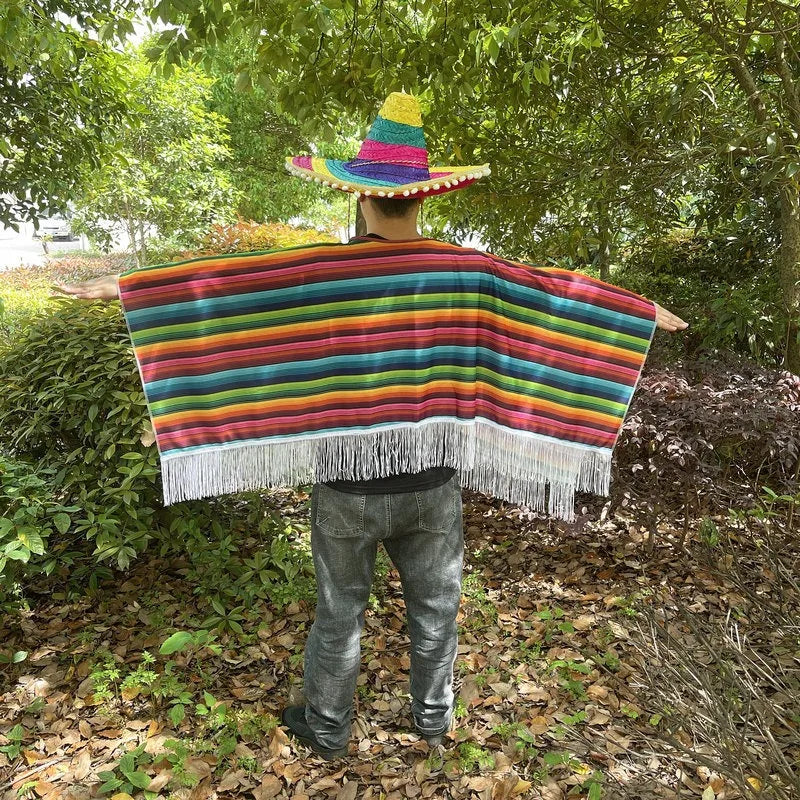 Mexican Party Dress Adult Wear Rainbow Striped Poncho Hat Cosplay Halloween Costume with Serape Cape Mexican Ornaments
