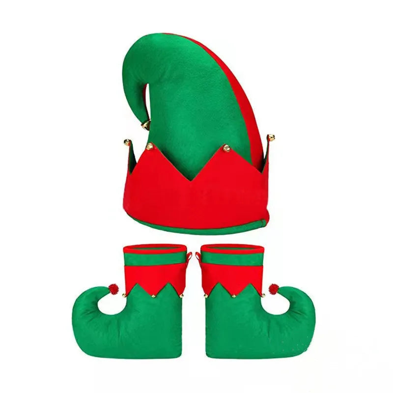 Wholesale New Christmas Elf Hat Holiday Party Ornaments Red and Green 3-piece Set Christmas Hat Felt with Bells