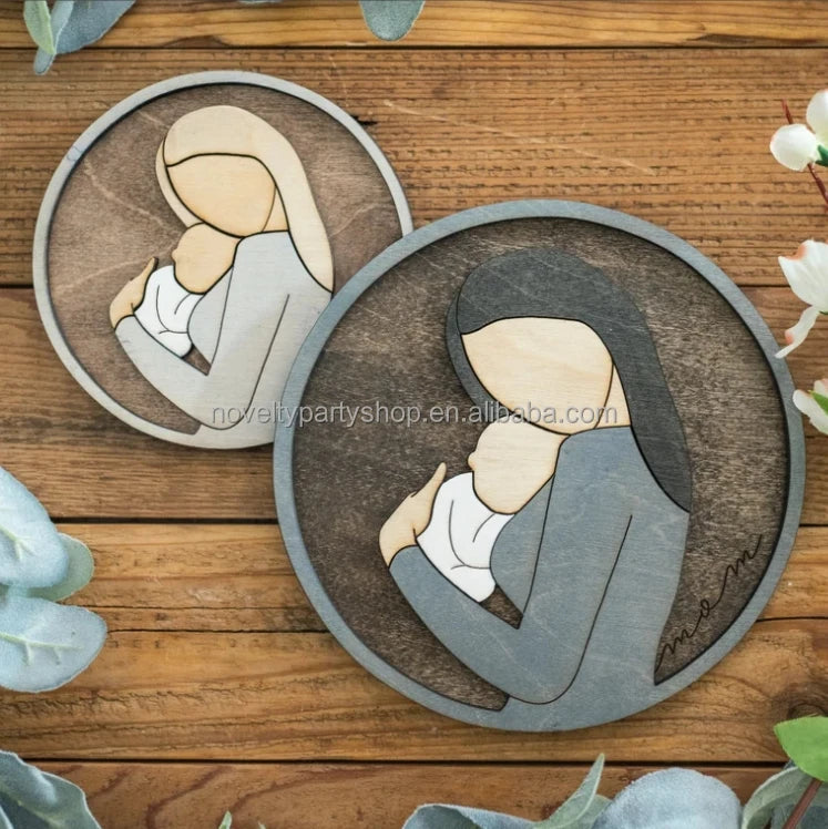 Novelty custom wood laser cutting engraving round gift mom 3D line art