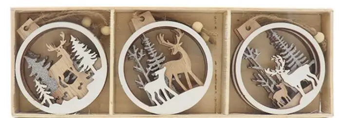 Laser 3D printing Christmas hollow round wooden pendant creative Christmas elk snowman Christmas tree wooden pendant