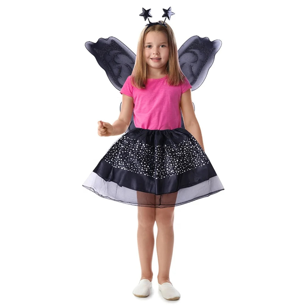 Halloween & Day of the Dead Black Fairy Tutu Wings Headband Dress Up Set Black Butterfly Costume Halloween Girl Costume