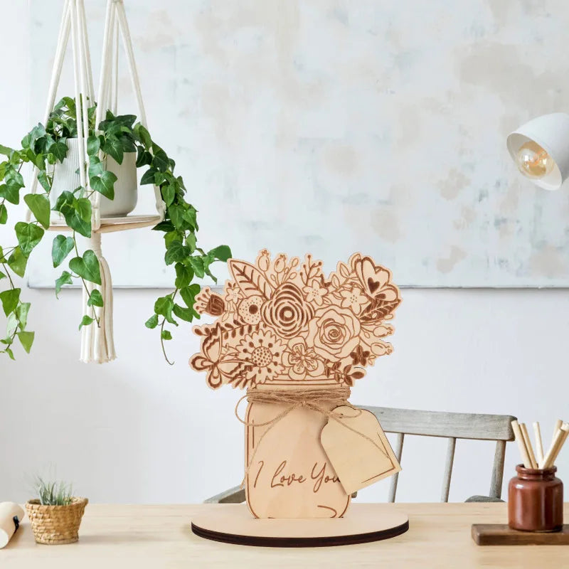 Wooden Crafts, Laser Wood Flower Bouquet Card DIY Flower Blank Children Color Filled Greeting Card Mom Grandma Mother's Day Greeting Card Gifts